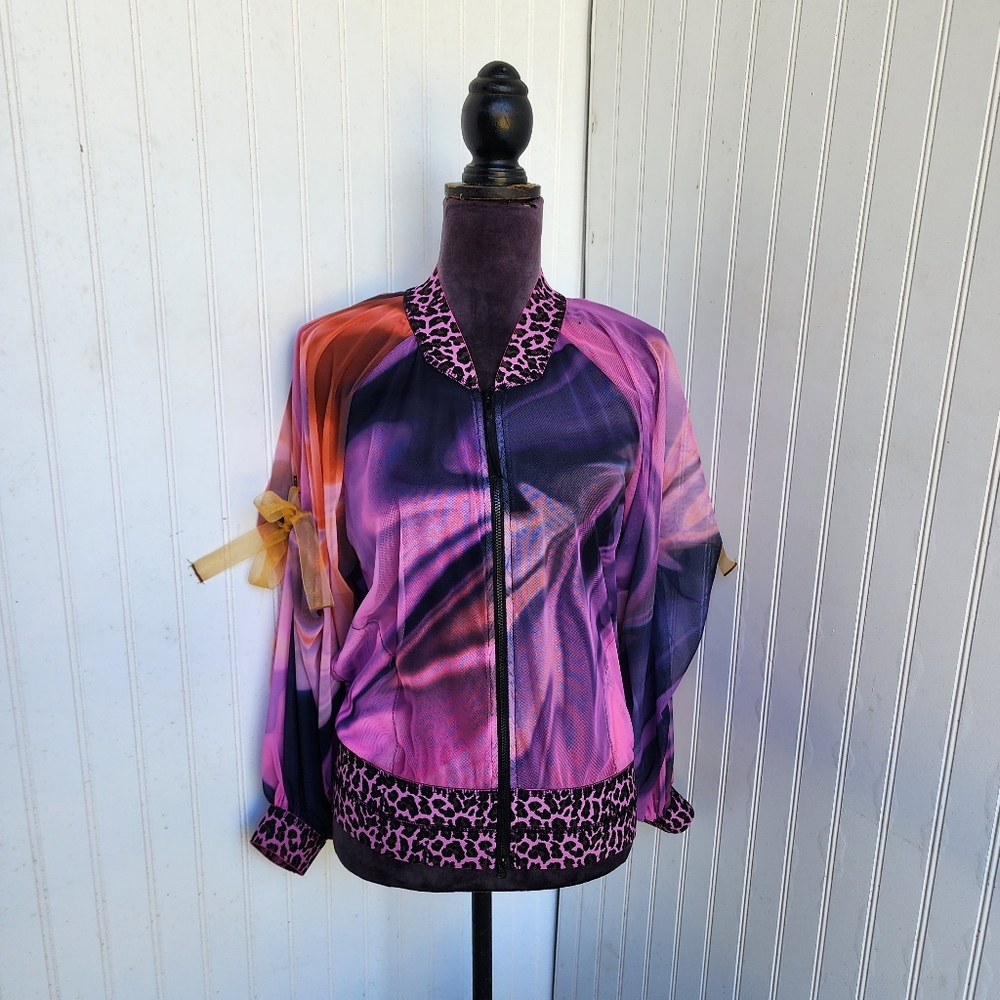 Petit Pois By Viviana G Satin Zip Colorful Print Bomber Jacket Purple Mesh M